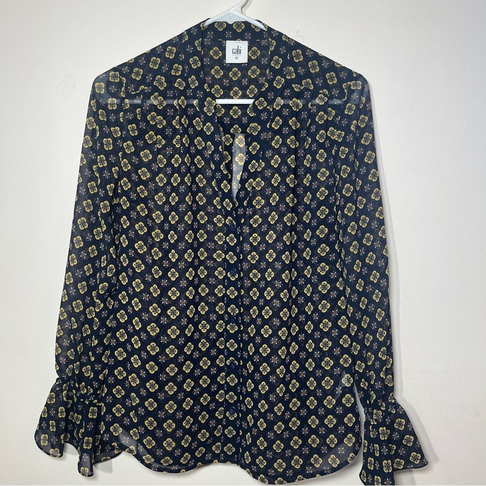 Cani Chic Navy and Gold Patterned Women's Top sheer XS